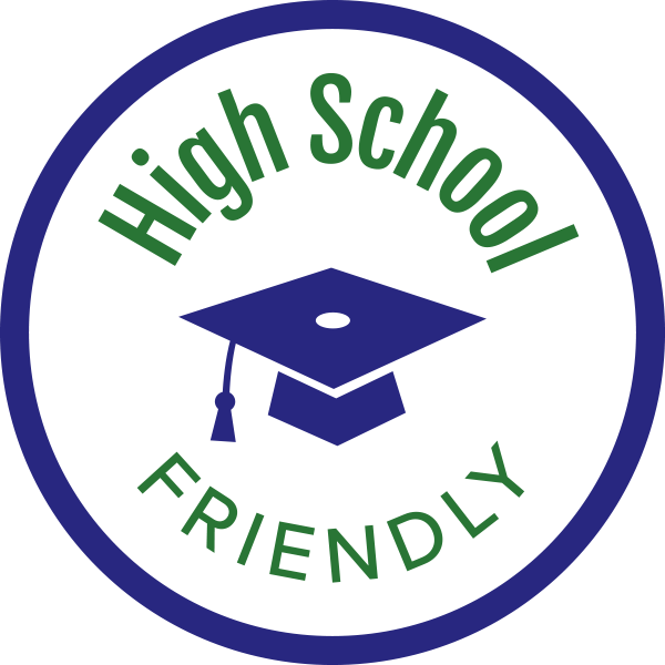 Circular badge featuring High School Friendly text and a graduation cap in the center, highlighting support for a high school apprenticeship program.