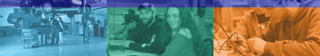 Three scenes: auto repair, students in a classroom, and someone working with electronic equipment.