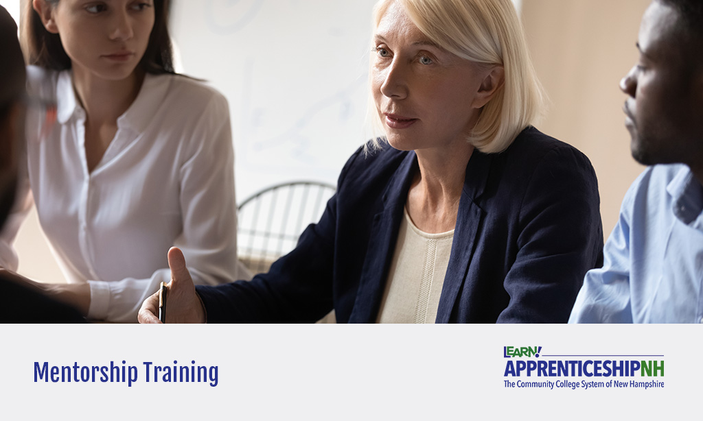 A woman speaks with colleagues during a mentorship training session; ApprenticeshipNH logo is visible.