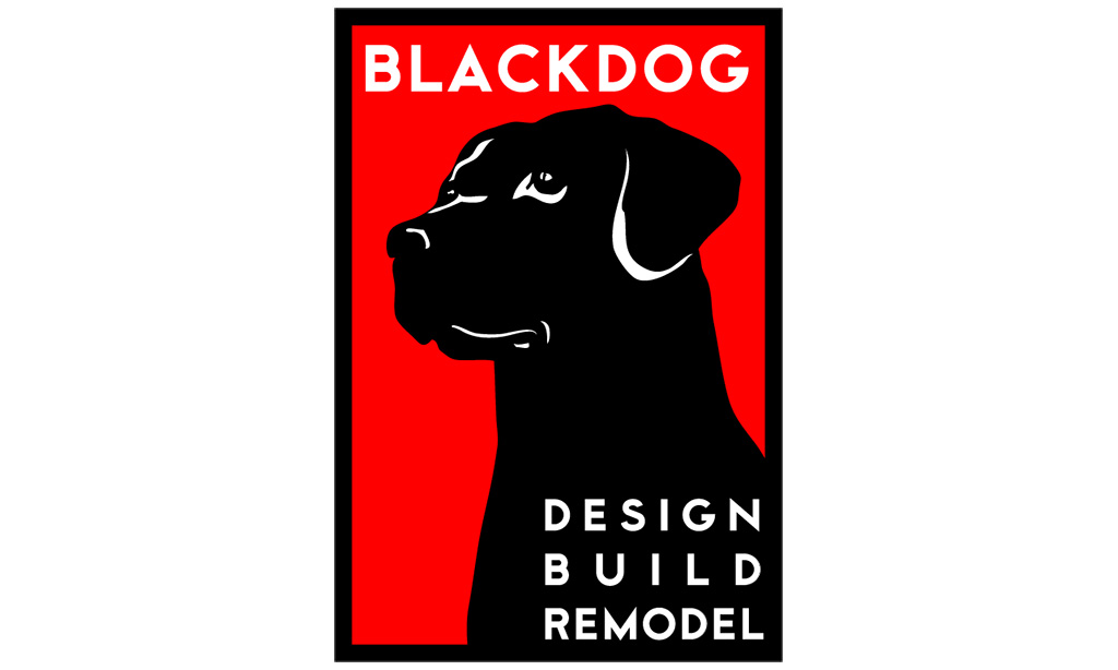 Black dog silhouette on red background with text: BLACKDOG DESIGN BUILD REMODEL.