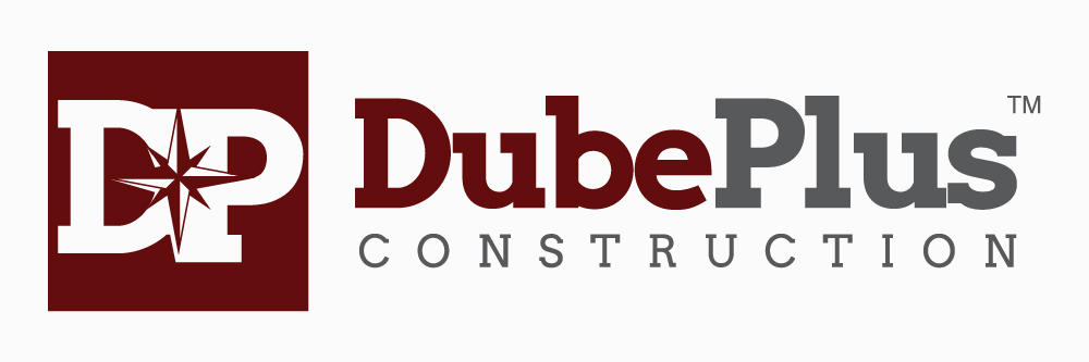 DubePlus Construction logo with DP and a compass in a maroon square next to the company name in two colors.