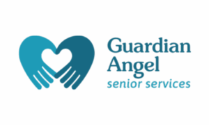 Blue hands form a heart shape next to the text Guardian Angel senior services on a white background.