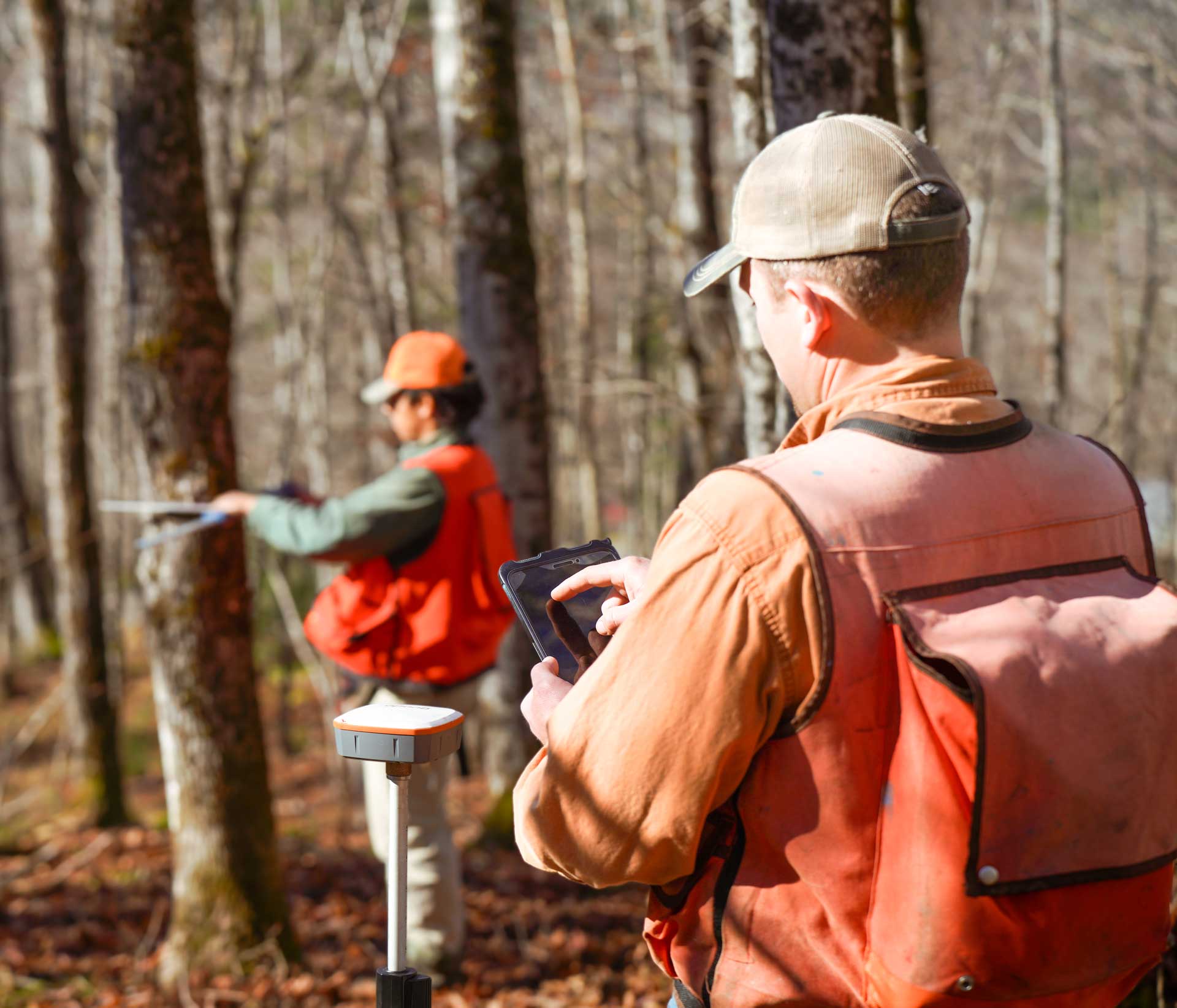 Two people in orange vests use surveying equipment and a tablet in a forested area with bare trees.