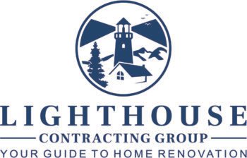 Blue logo with a lighthouse, house, tree, and mountains; text: Lighthouse Contracting Group, Your Guide to Home Renovation.