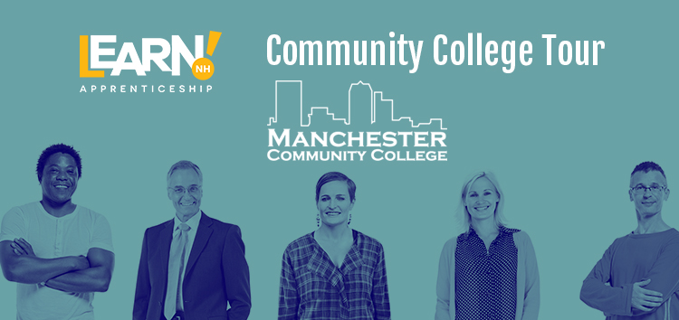 Five diverse adults stand smiling under Community College Tour and the Manchester Community College logo.