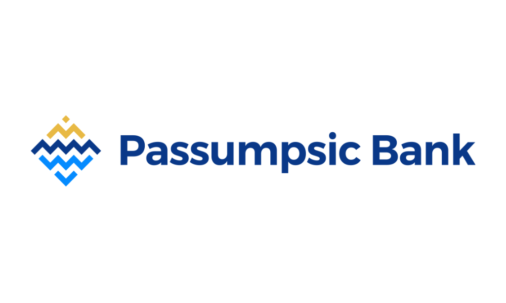 Passumpsic Bank logo with blue text and a yellow and blue geometric wave symbol on a white background.