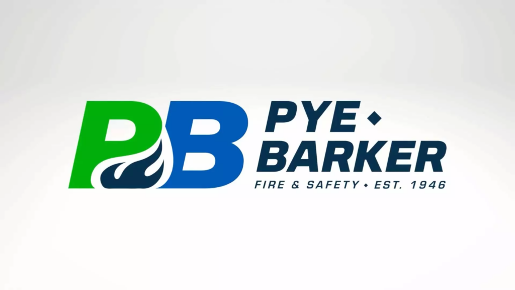 Pye-Barker logo with green P, blue B with flame, and Fire & Safety Est. 1946 text on a white background.