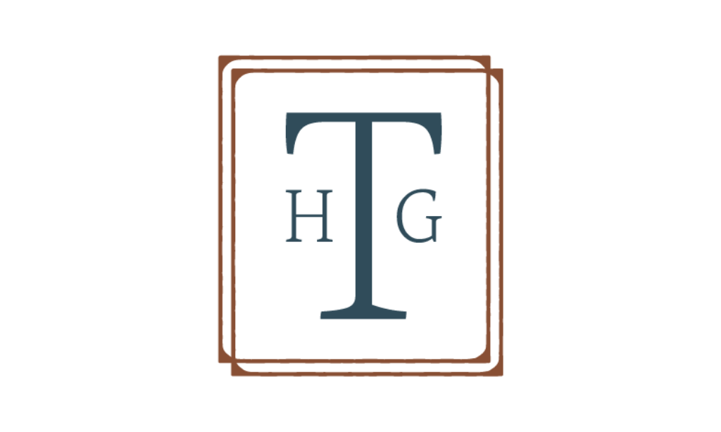 Stylized T with H on the left and G on the right, inside two overlapping brown rectangles.