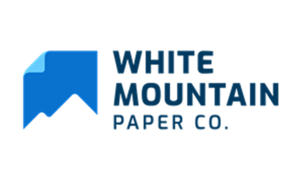 Blue logo with a folded paper corner and White Mountain Paper Co. written in bold blue letters.